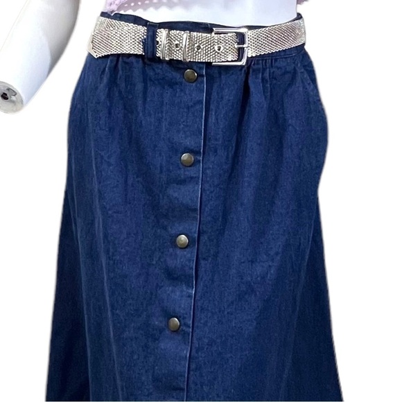 Vintage Denim Midi Skirt Woman’s Size 8 100% Cotton Dark Wash Jean Snap up front - Picture 5 of 9